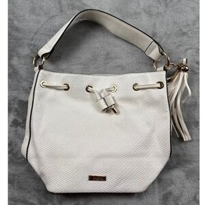 ALDO White Woven Drawstring Bucket Bag Gold Hardware Tassel Hobo Shoulder Bag
